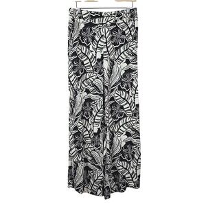 Black White Tropical Floral Print Wide Leg Palazzo Pants Women's medium